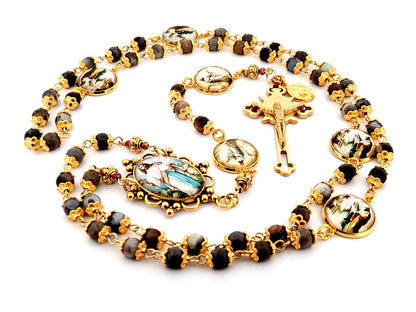 The Good Shepherd unique rosary beads Indian agate gemstone rosary with gold plated Saint Benedict crucifix.