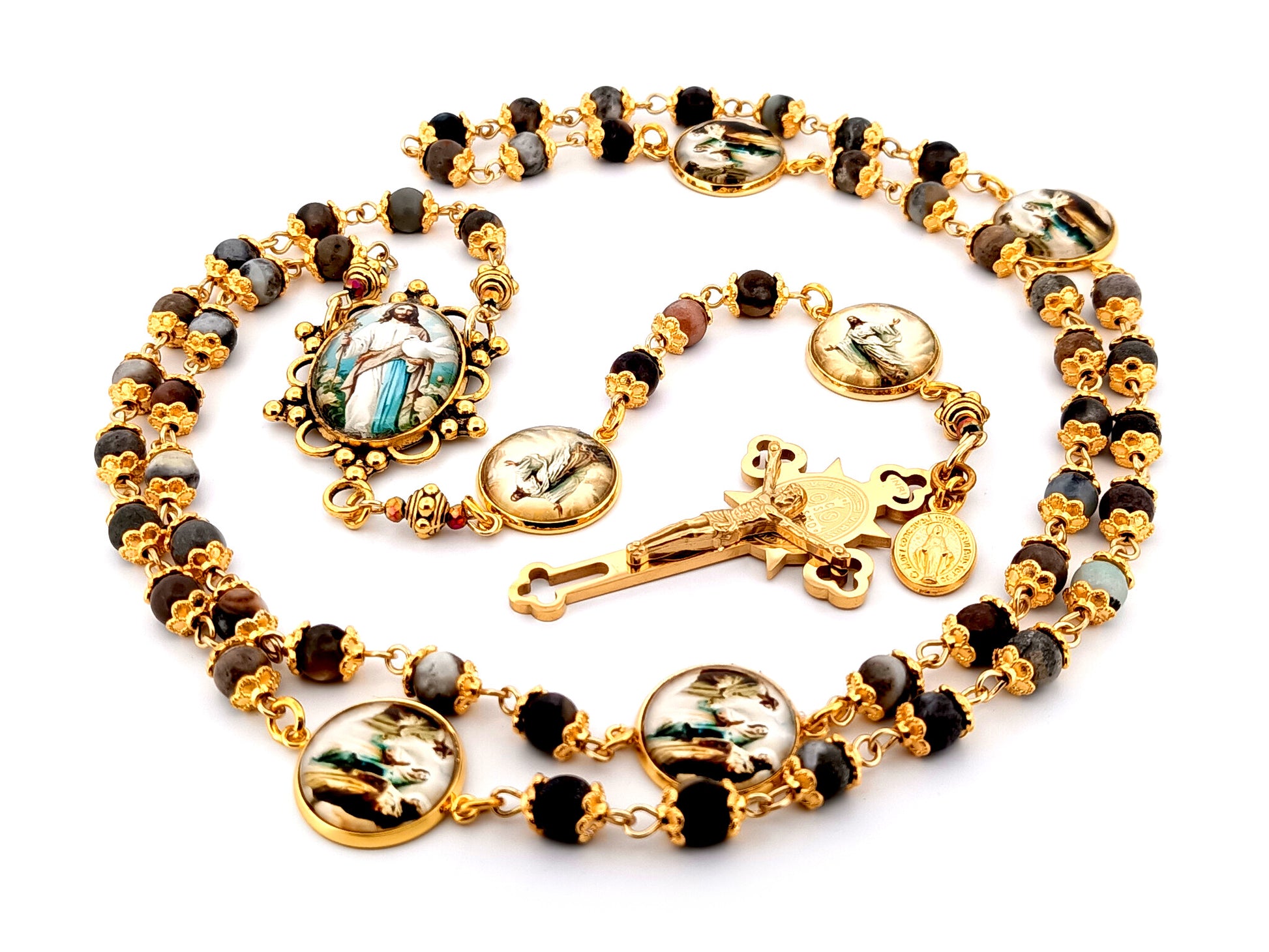 The Good Shepherd unique rosary beads Indian agate gemstone rosary with gold plated Saint Benedict crucifix.