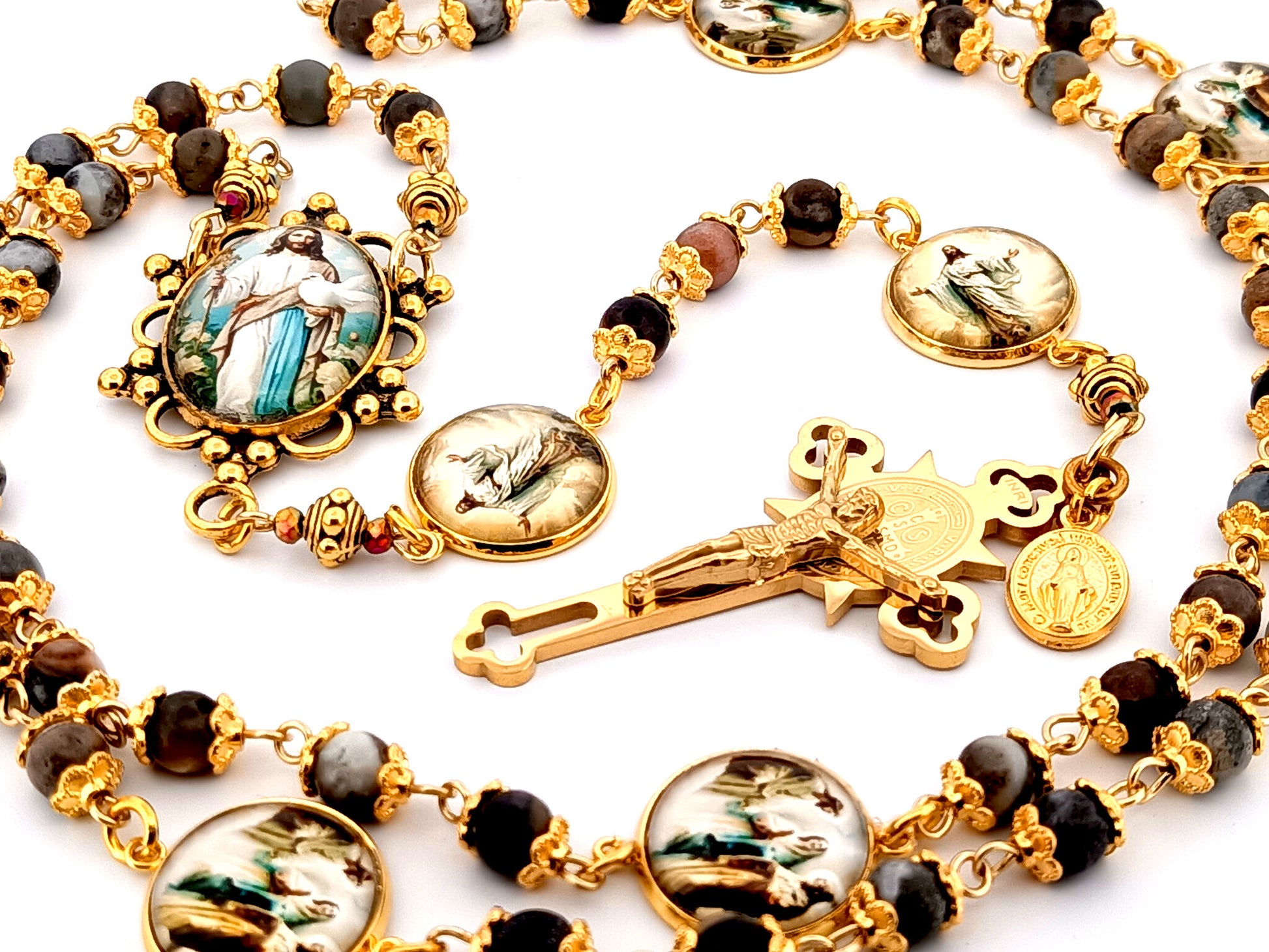The Good Shepherd unique rosary beads Indian agate gemstone rosary with gold plated Saint Benedict crucifix.