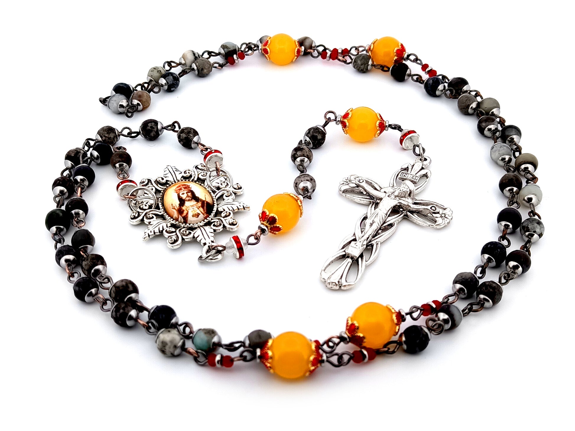 Christ the King dark jasper and orange glass unique rosary beads with Lily crucifix.
