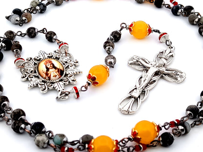 Christ the King dark jasper and orange glass unique rosary beads with Lily crucifix.