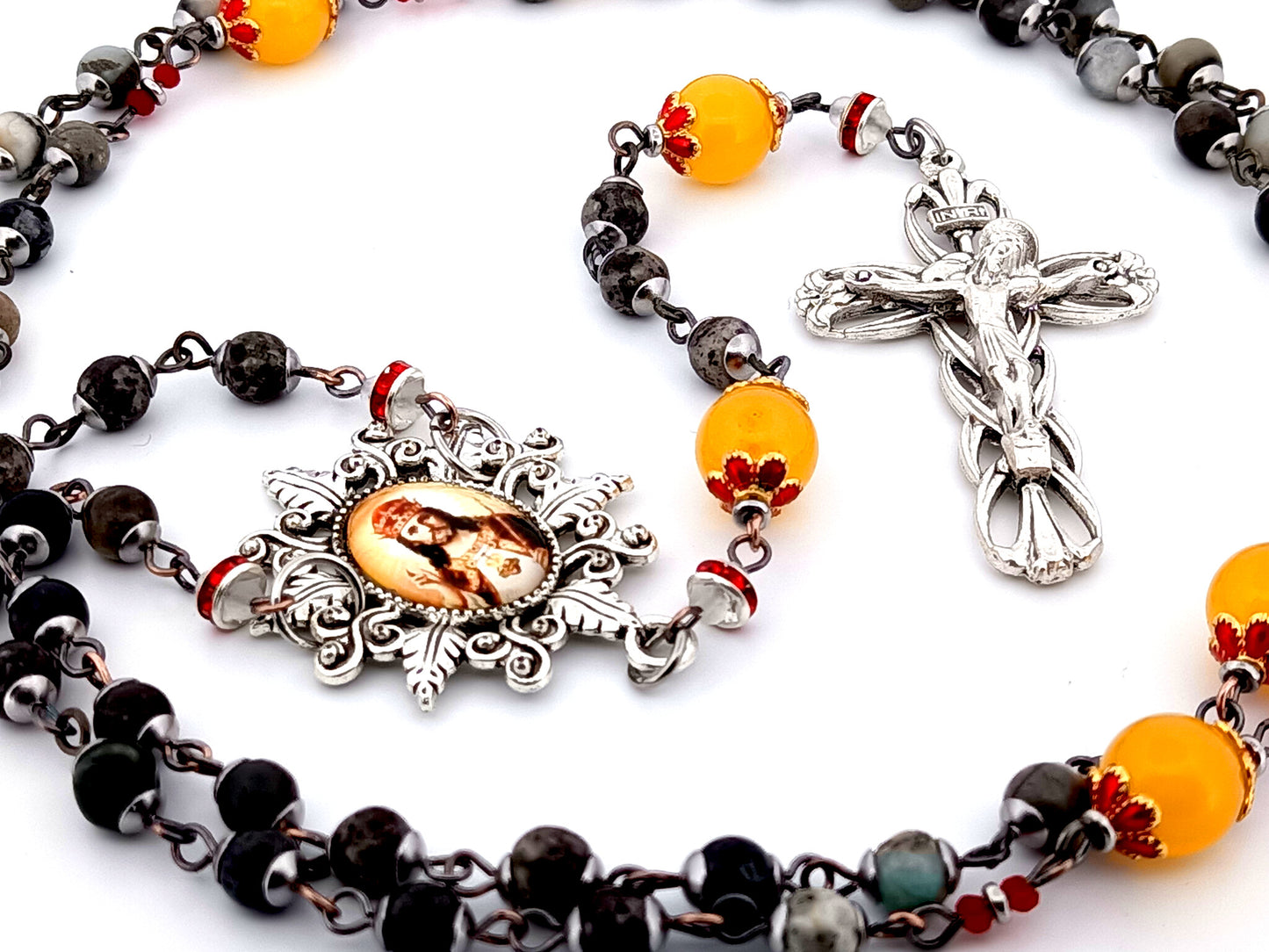 Christ the King dark jasper and orange glass unique rosary beads with Lily crucifix.
