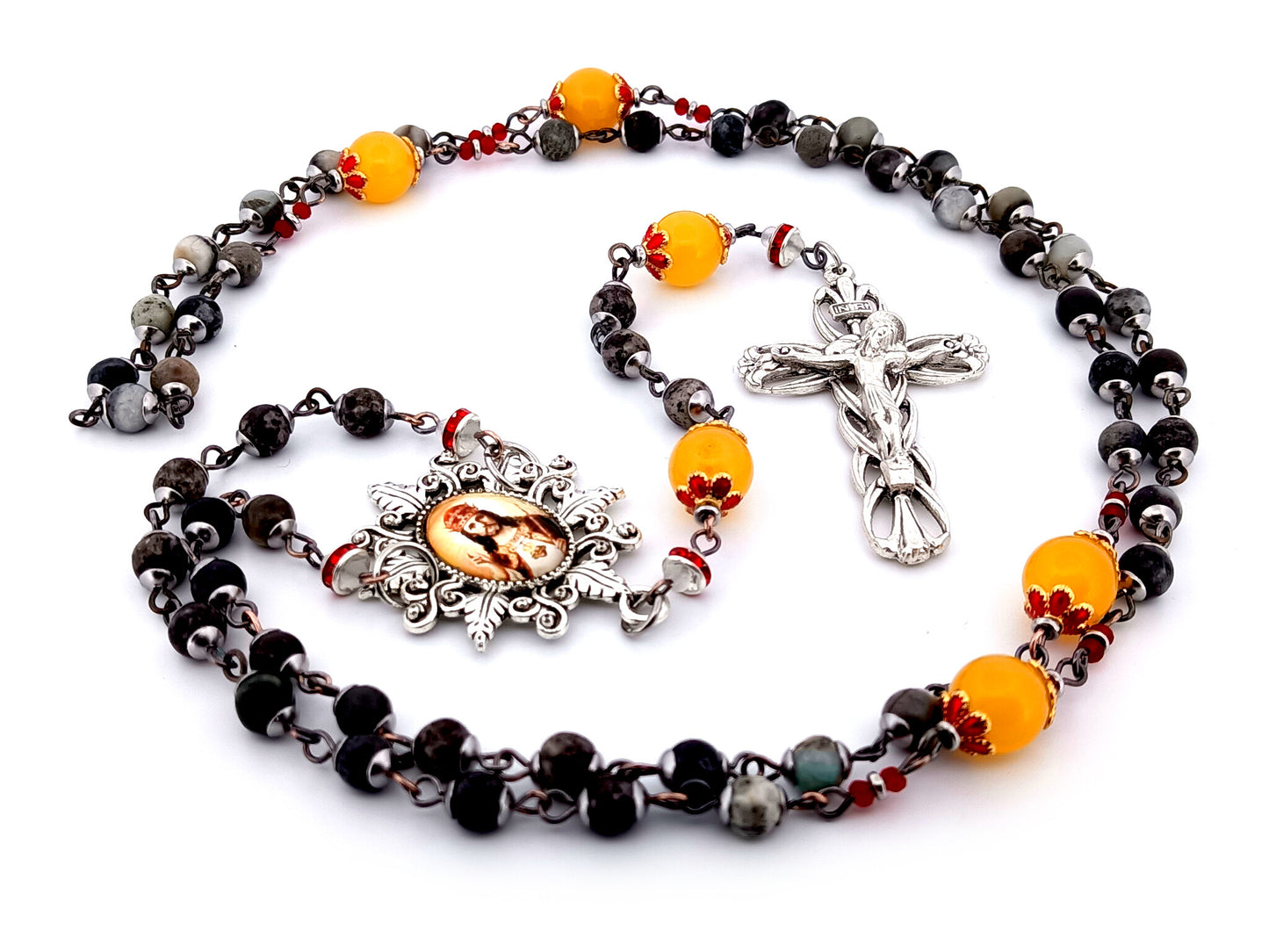 Christ the King dark jasper and orange glass unique rosary beads with Lily crucifix.