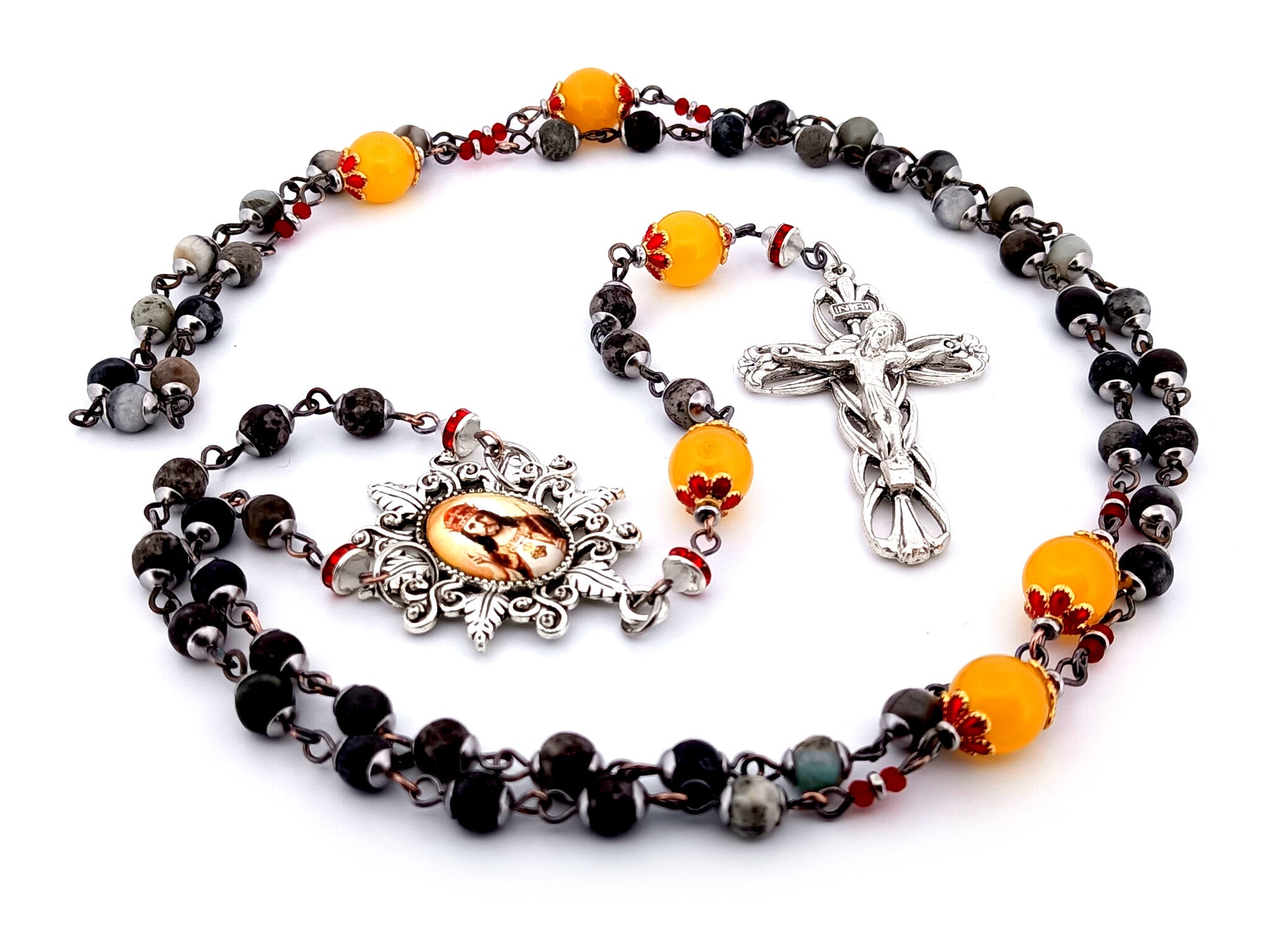 Christ the King dark jasper and orange glass unique rosary beads with Lily crucifix.