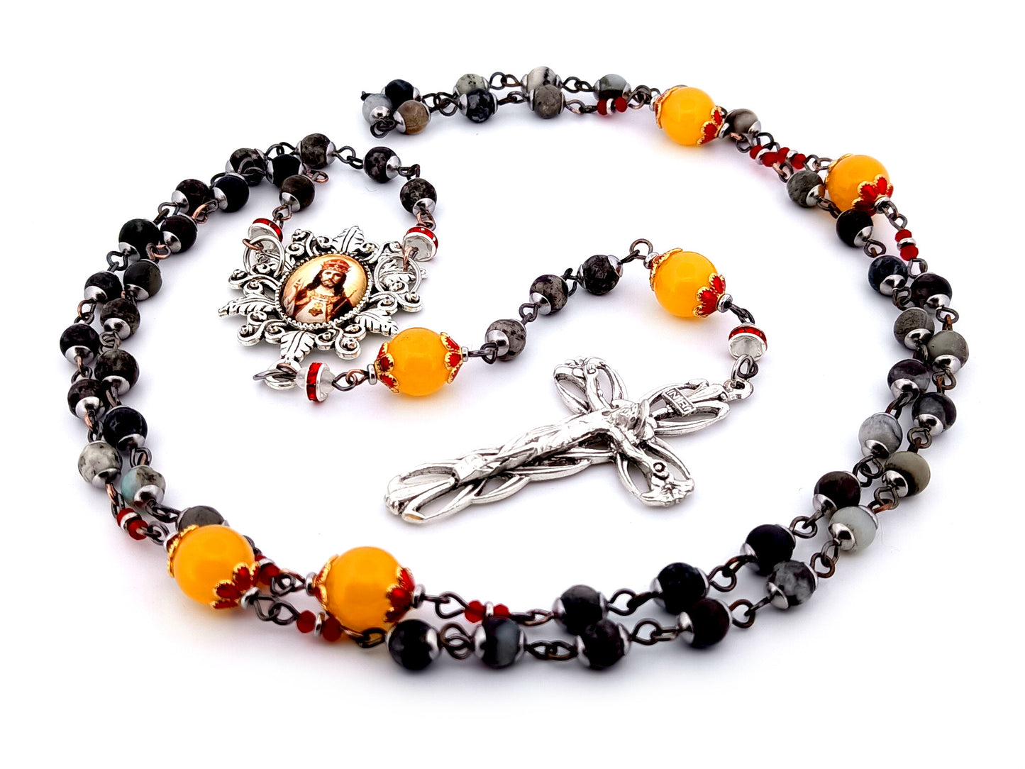 Christ the King dark jasper and orange glass unique rosary beads with Lily crucifix.