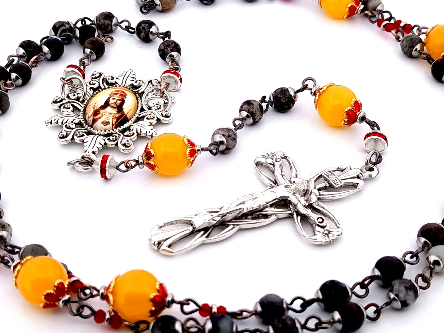 Christ the King dark jasper and orange glass unique rosary beads with Lily crucifix.