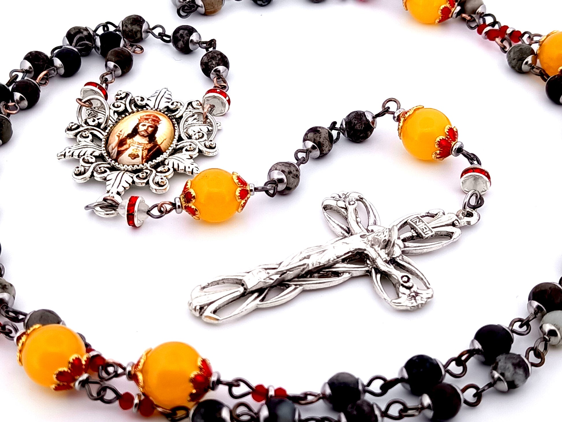 Christ the King dark jasper and orange glass unique rosary beads with Lily crucifix.