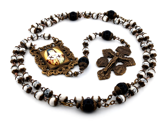 Saint Athanasius howlite and onyx gemstone unique rosary beads with bronze double Pardon crucifix.