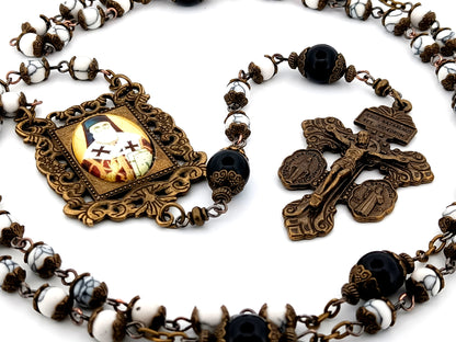 Saint Athanasius howlite and onyx gemstone unique rosary beads with bronze double Pardon crucifix.