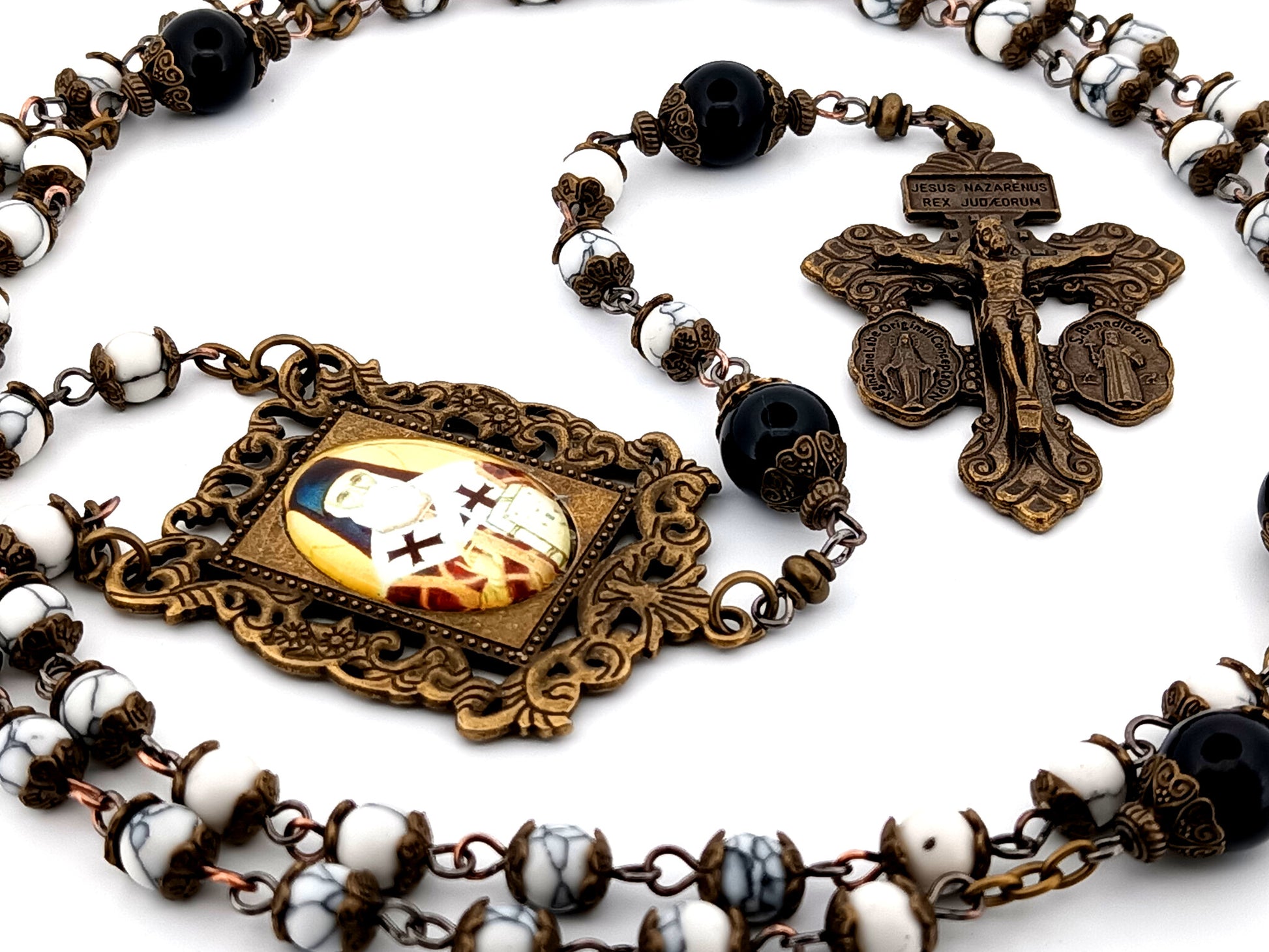 Saint Athanasius howlite and onyx gemstone unique rosary beads with bronze double Pardon crucifix.