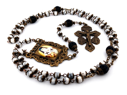 Saint Athanasius howlite and onyx gemstone unique rosary beads with bronze double Pardon crucifix.