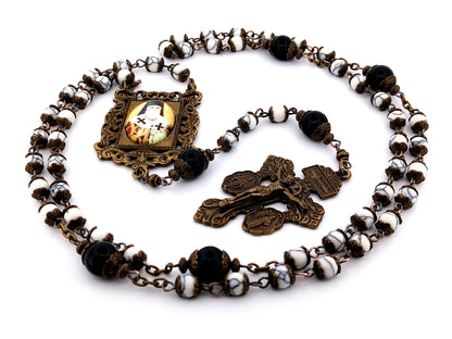 Saint Athanasius howlite and onyx gemstone unique rosary beads with bronze double Pardon crucifix.