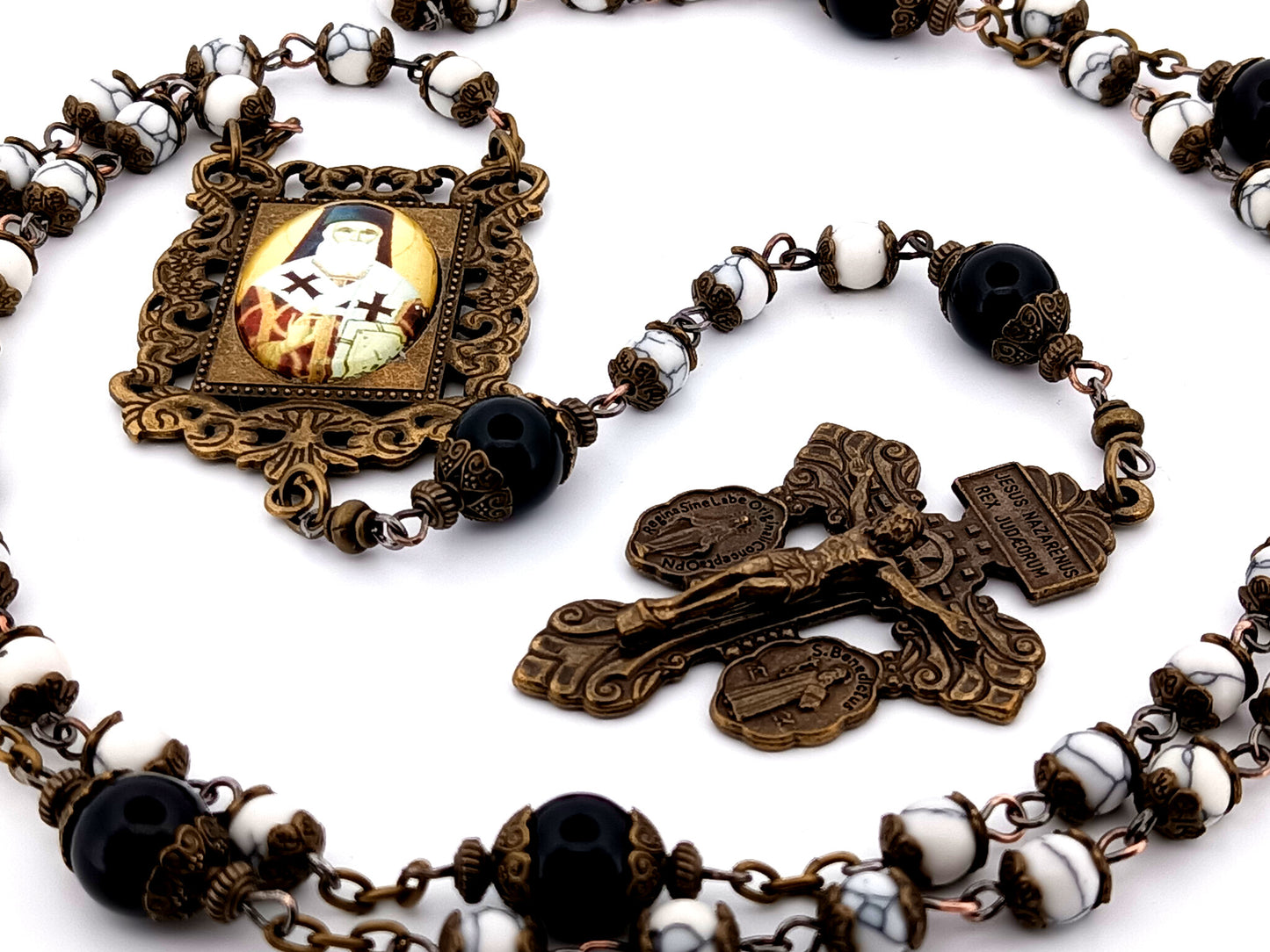 Saint Athanasius howlite and onyx gemstone unique rosary beads with bronze double Pardon crucifix.