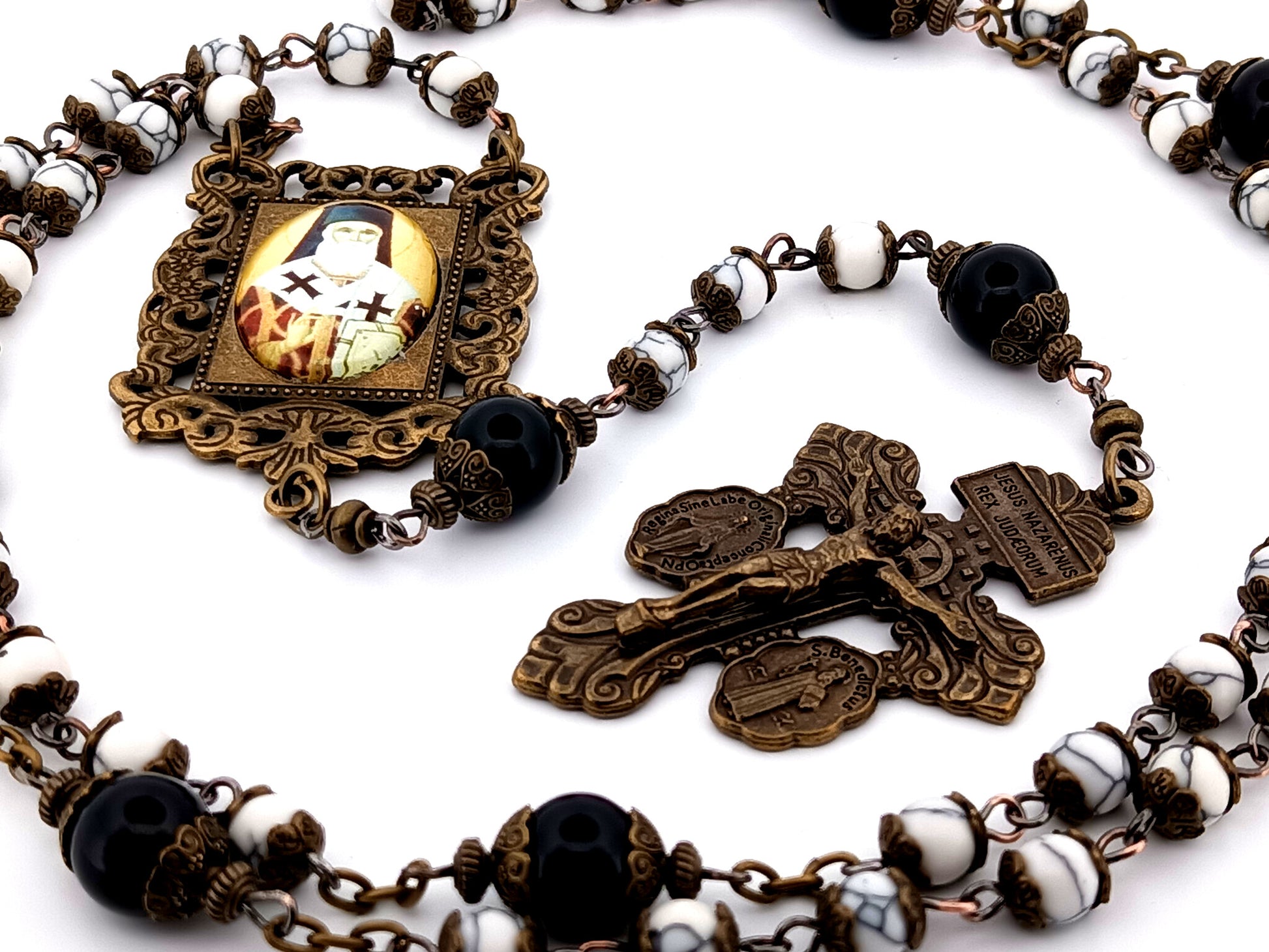 Saint Athanasius howlite and onyx gemstone unique rosary beads with bronze double Pardon crucifix.
