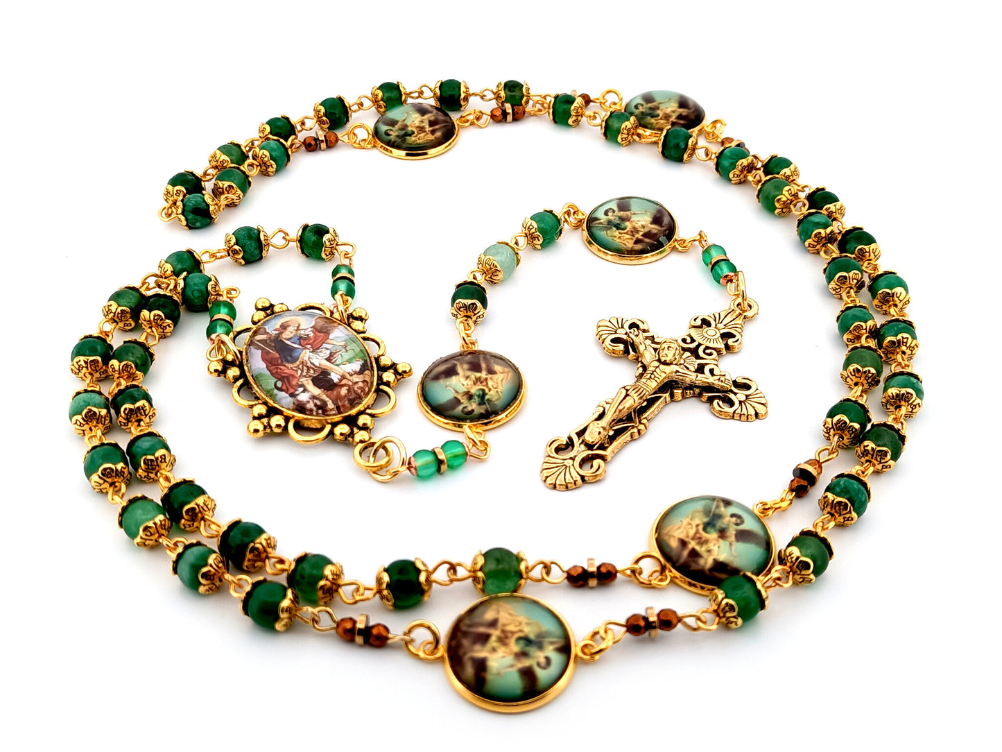 Saint Michael the Archangel green agate gemstone unique rosary beads with gold plated filigree crucifix.