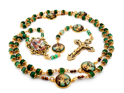 Saint Michael the Archangel green agate gemstone unique rosary beads with gold plated filigree crucifix.