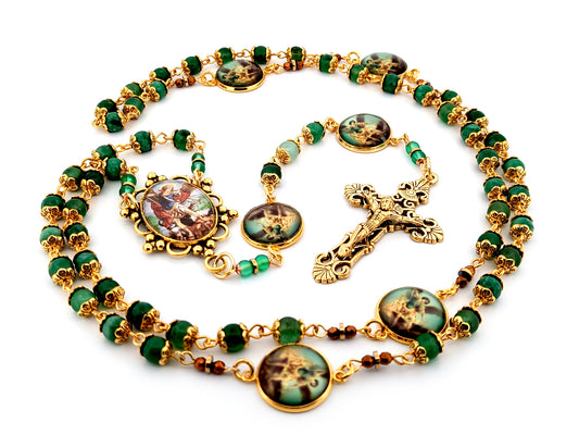 Saint Michael the Archangel green agate gemstone unique rosary beads with gold plated filigree crucifix.