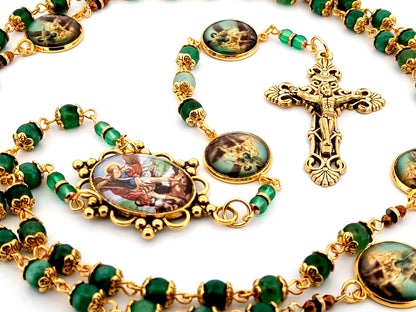 Saint Michael the Archangel green agate gemstone unique rosary beads with gold plated filigree crucifix.