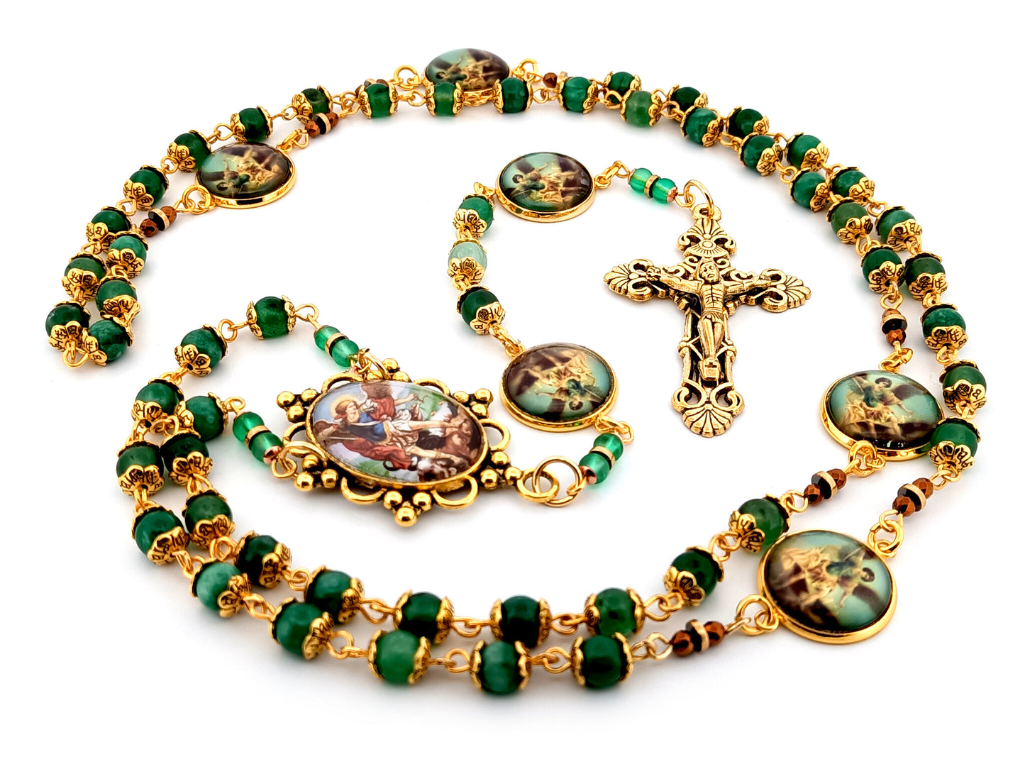 Saint Michael the Archangel green agate gemstone unique rosary beads with gold plated filigree crucifix.