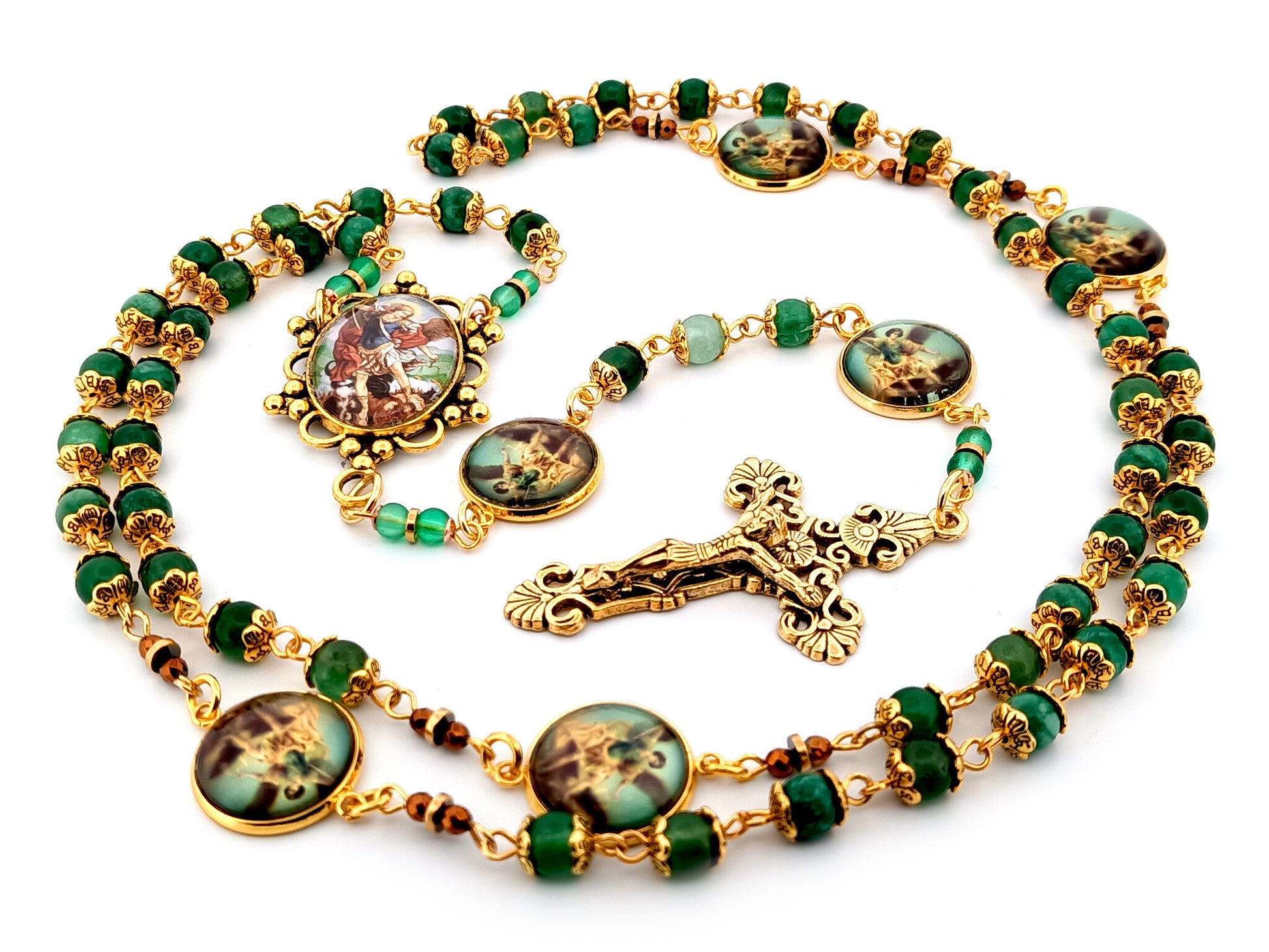 Saint Michael the Archangel green agate gemstone unique rosary beads with gold plated filigree crucifix.
