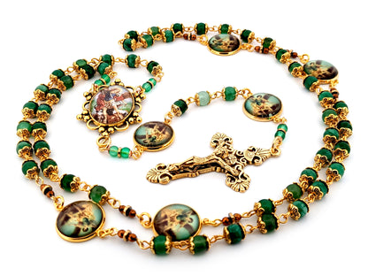 Saint Michael the Archangel green agate gemstone unique rosary beads with gold plated filigree crucifix.