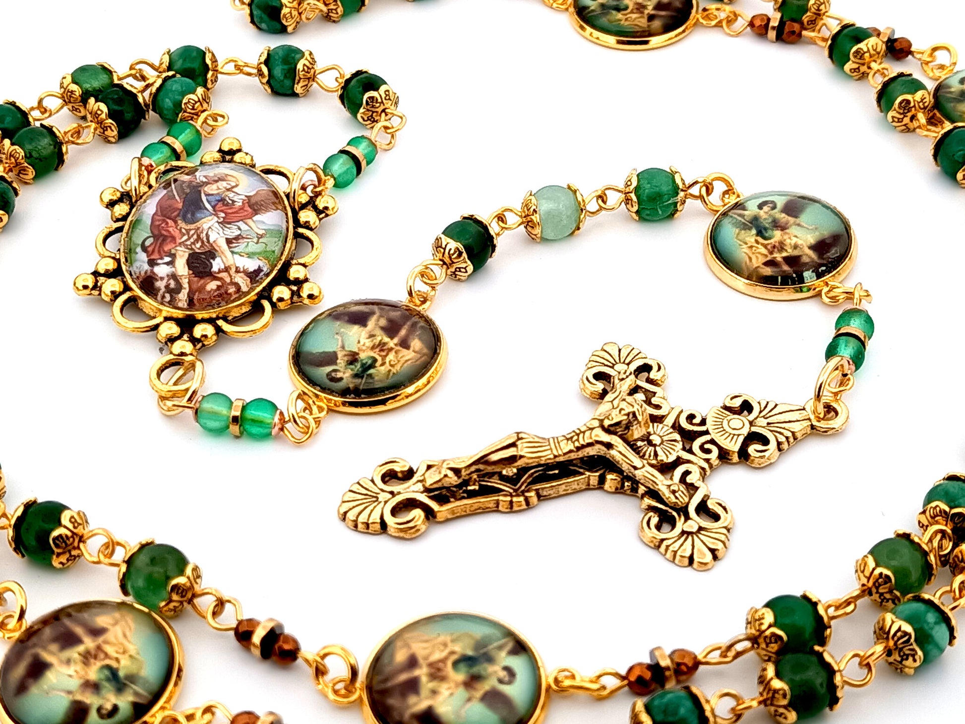 Saint Michael the Archangel green agate gemstone unique rosary beads with gold plated filigree crucifix.