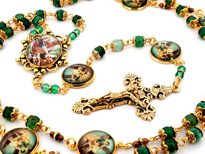 Saint Michael the Archangel green agate gemstone unique rosary beads with gold plated filigree crucifix.