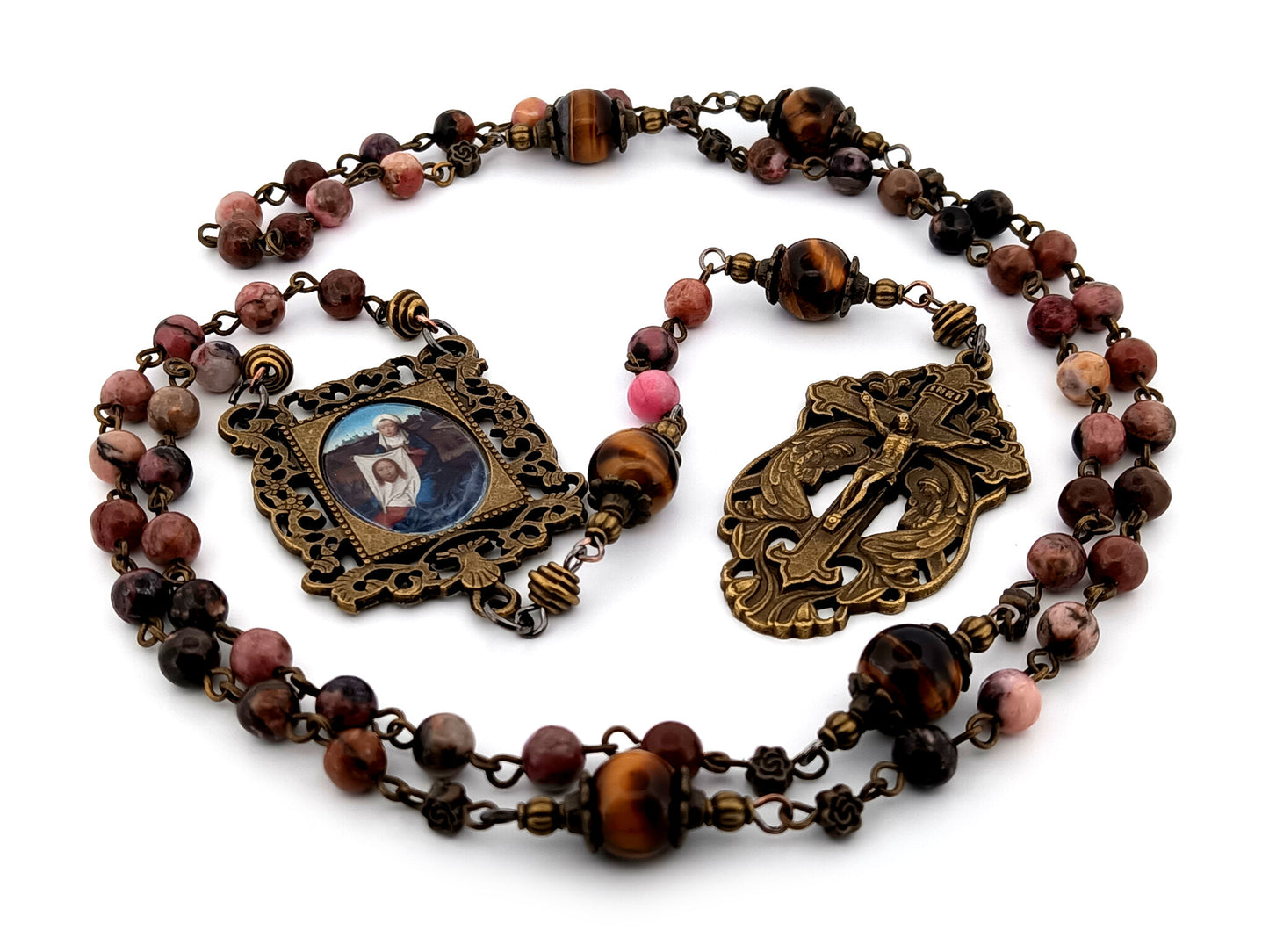 Saint Veronica and the Holy Face rhodochrosite and tigers eye gemstone unique rosary beads with two angels crucifix.