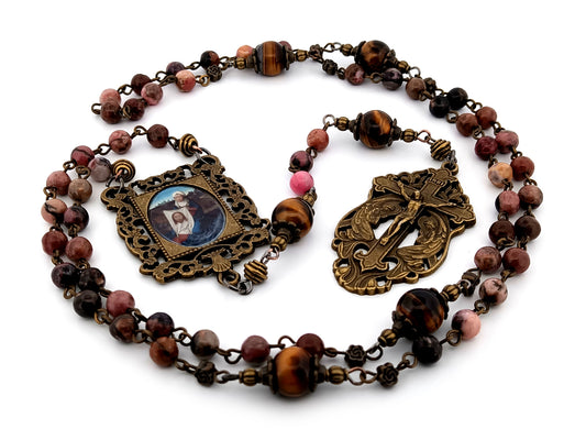 Saint Veronica and the Holy Face rhodochrosite and tigers eye gemstone unique rosary beads with two angels crucifix.