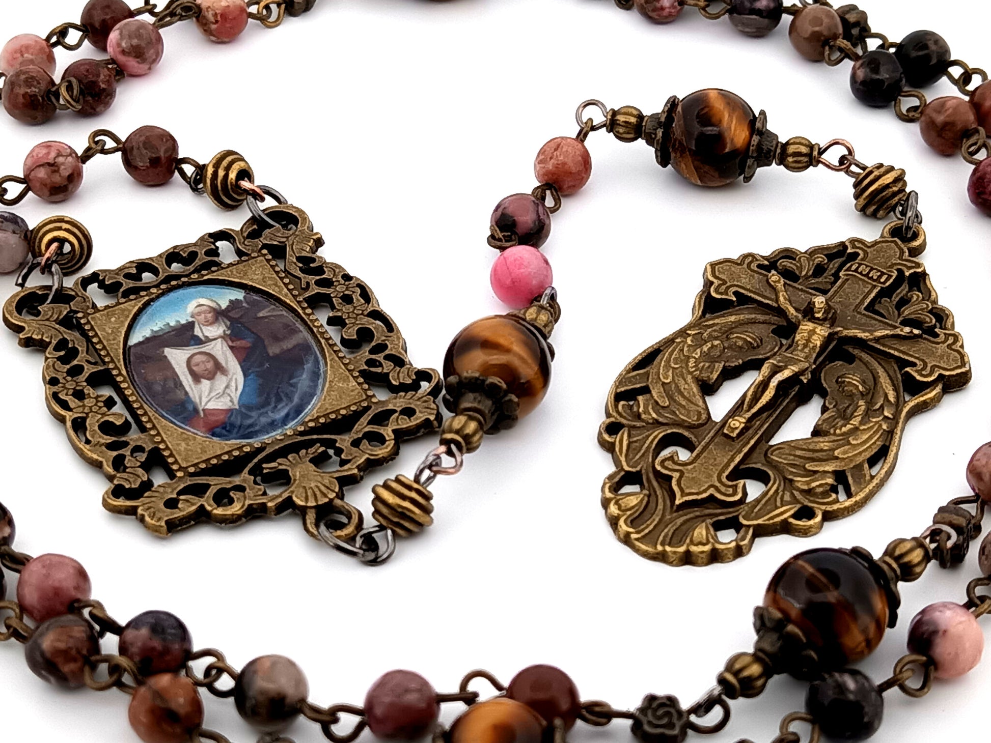 Saint Veronica and the Holy Face rhodochrosite and tigers eye gemstone unique rosary beads with two angels crucifix.