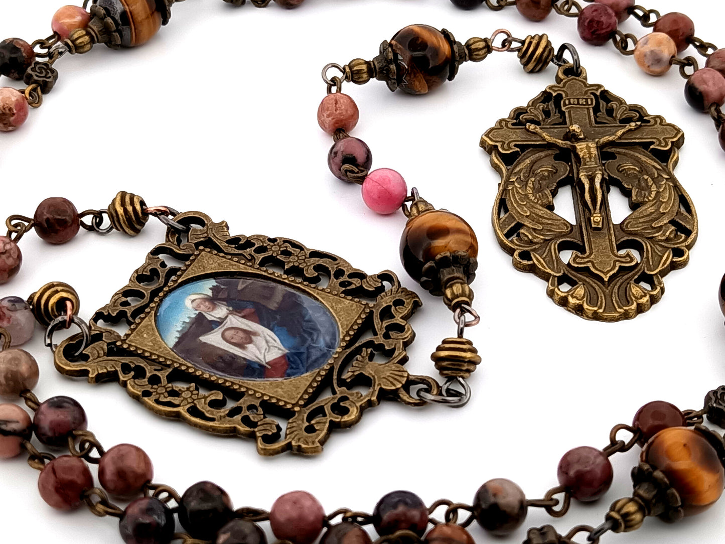 Saint Veronica and the Holy Face rhodochrosite and tigers eye gemstone unique rosary beads with two angels crucifix.