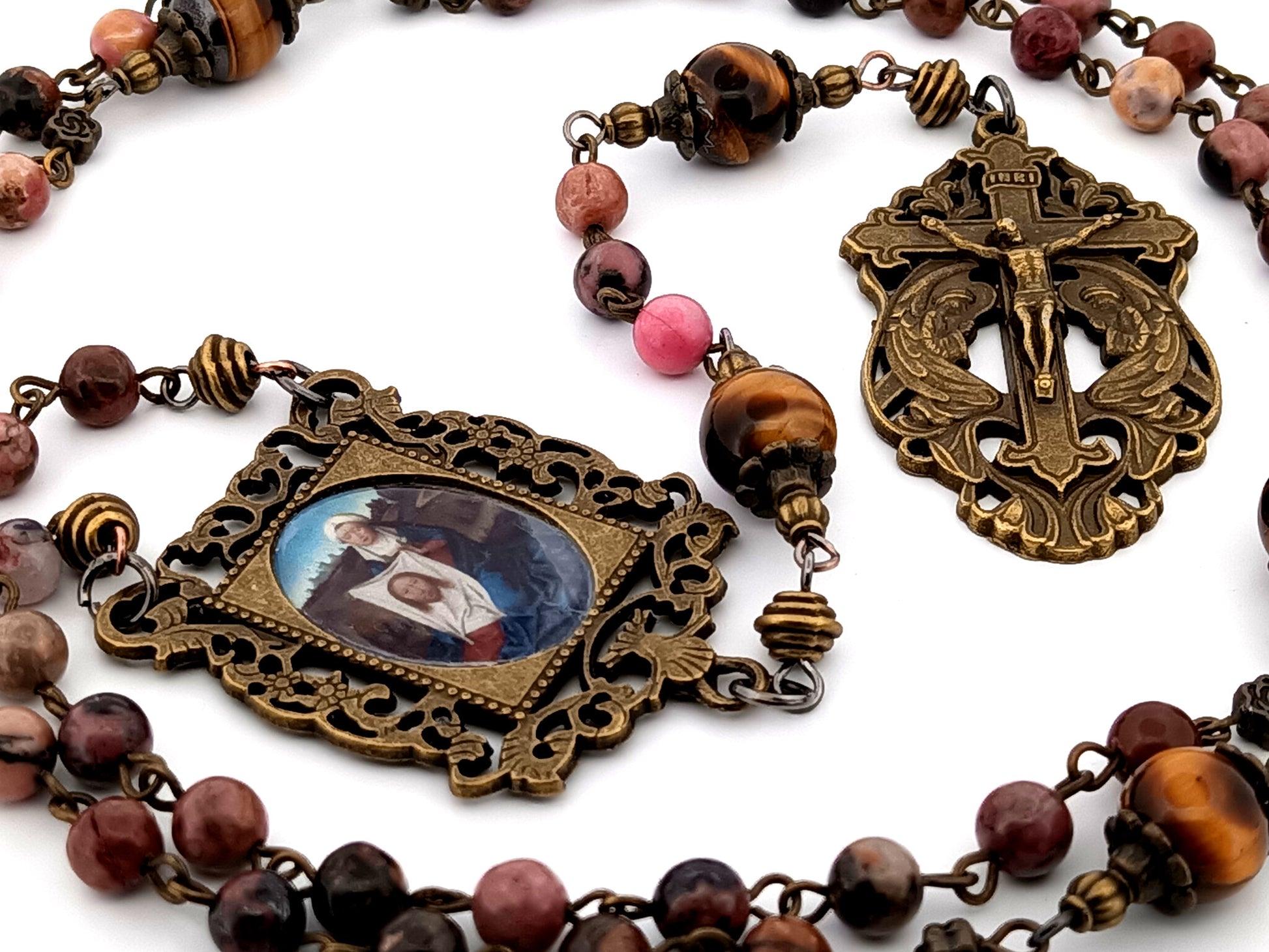 Saint Veronica and the Holy Face rhodochrosite and tigers eye gemstone unique rosary beads with two angels crucifix.