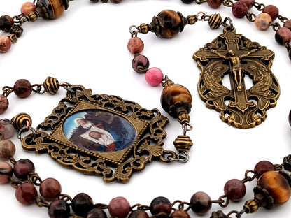 Saint Veronica and the Holy Face rhodochrosite and tigers eye gemstone unique rosary beads with two angels crucifix.