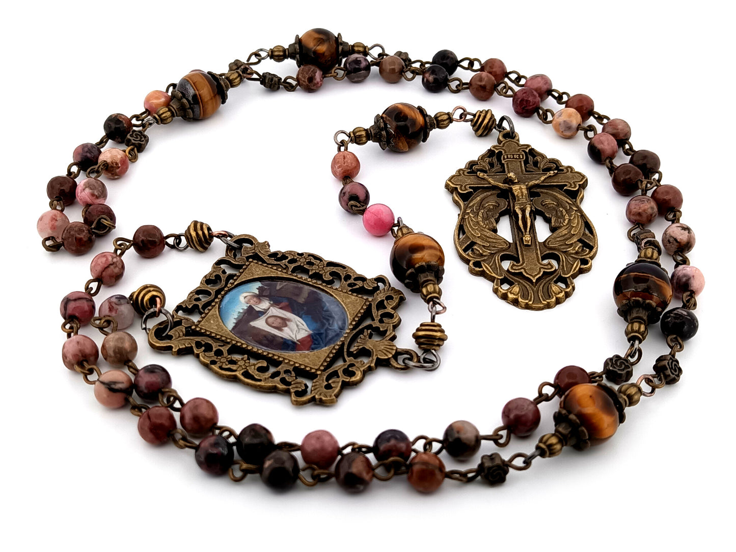 Saint Veronica and the Holy Face rhodochrosite and tigers eye gemstone unique rosary beads with two angels crucifix.