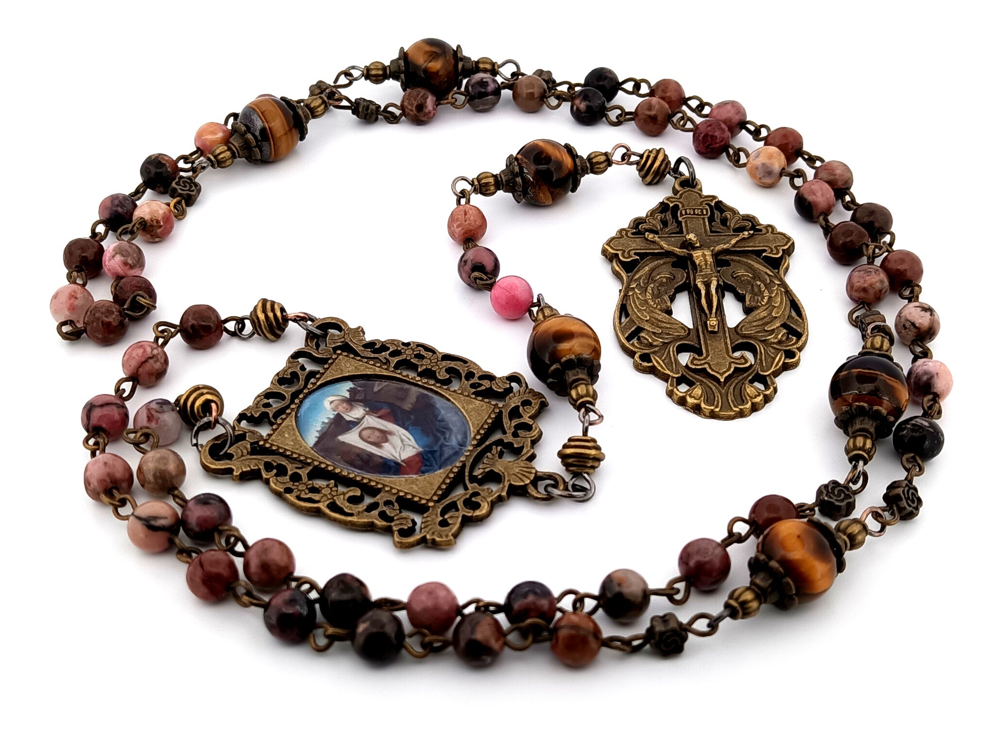 Saint Veronica and the Holy Face rhodochrosite and tigers eye gemstone unique rosary beads with two angels crucifix.