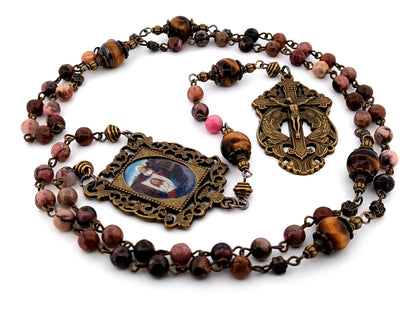 Saint Veronica and the Holy Face rhodochrosite and tigers eye gemstone unique rosary beads with two angels crucifix.
