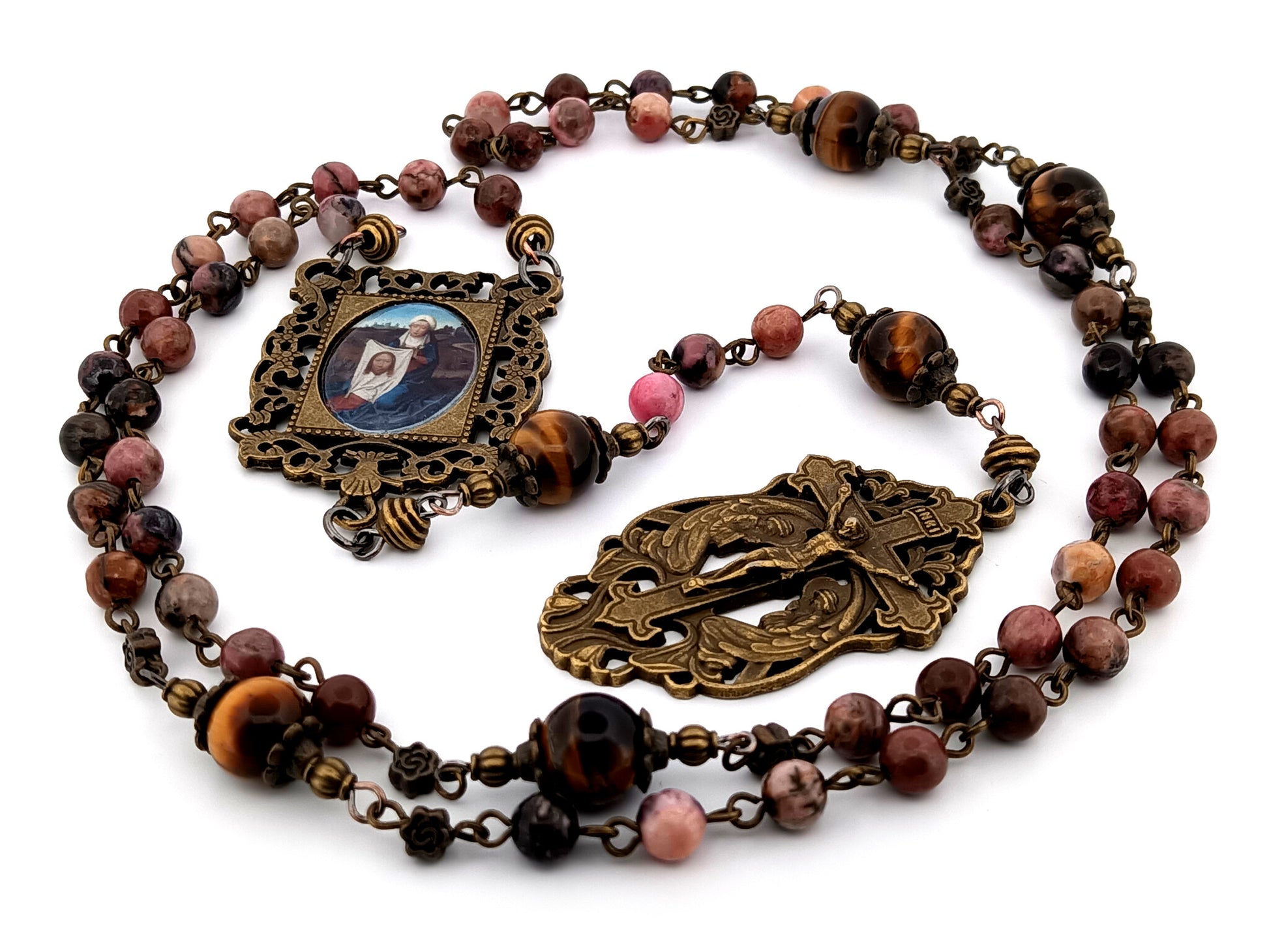 Saint Veronica and the Holy Face rhodochrosite and tigers eye gemstone unique rosary beads with two angels crucifix.