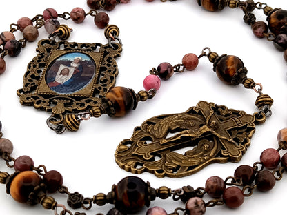 Saint Veronica and the Holy Face rhodochrosite and tigers eye gemstone unique rosary beads with two angels crucifix.