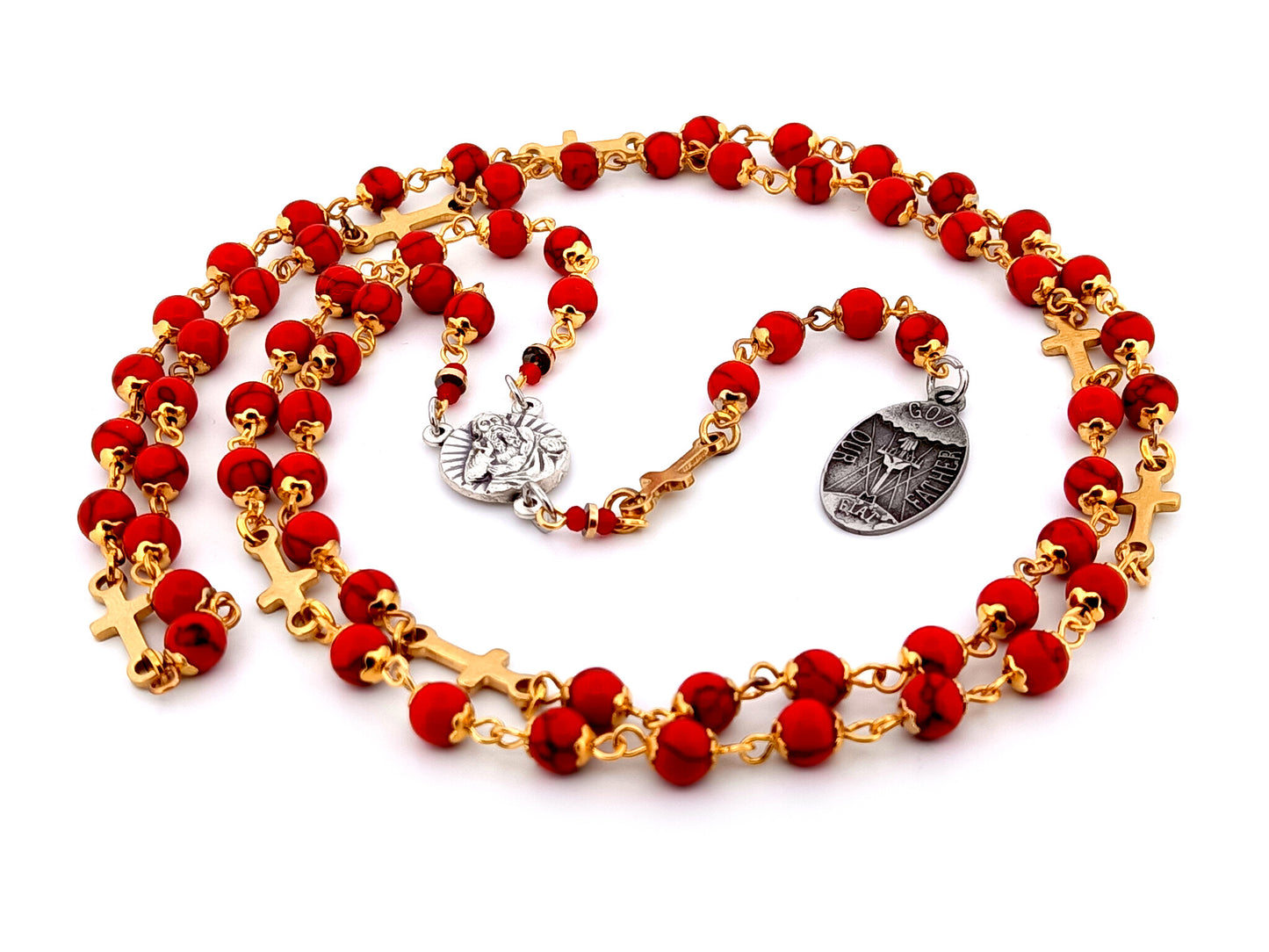 God the Father unique rosary beads gemstone prayer chaplet with Holy Octave of Consecration medal and gold crosses.