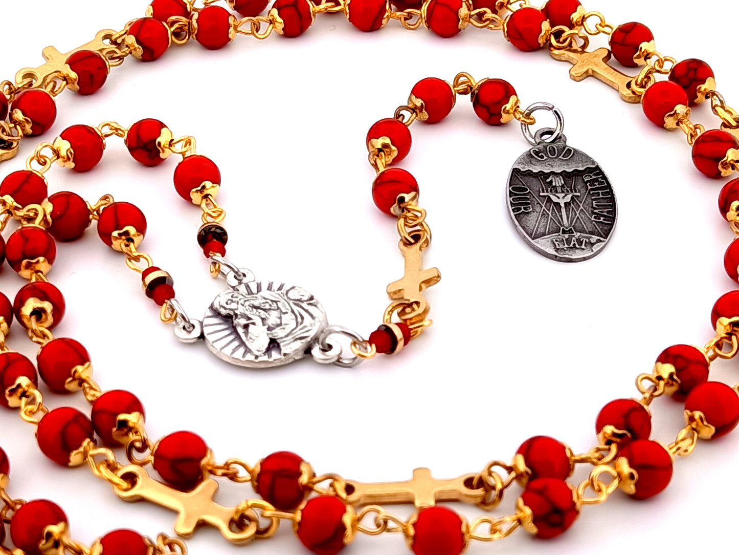 God the Father unique rosary beads gemstone prayer chaplet with Holy Octave of Consecration medal and gold crosses.