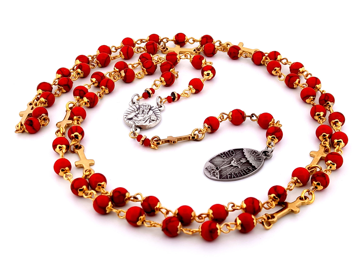 God the Father unique rosary beads gemstone prayer chaplet with Holy Octave of Consecration medal and gold crosses.