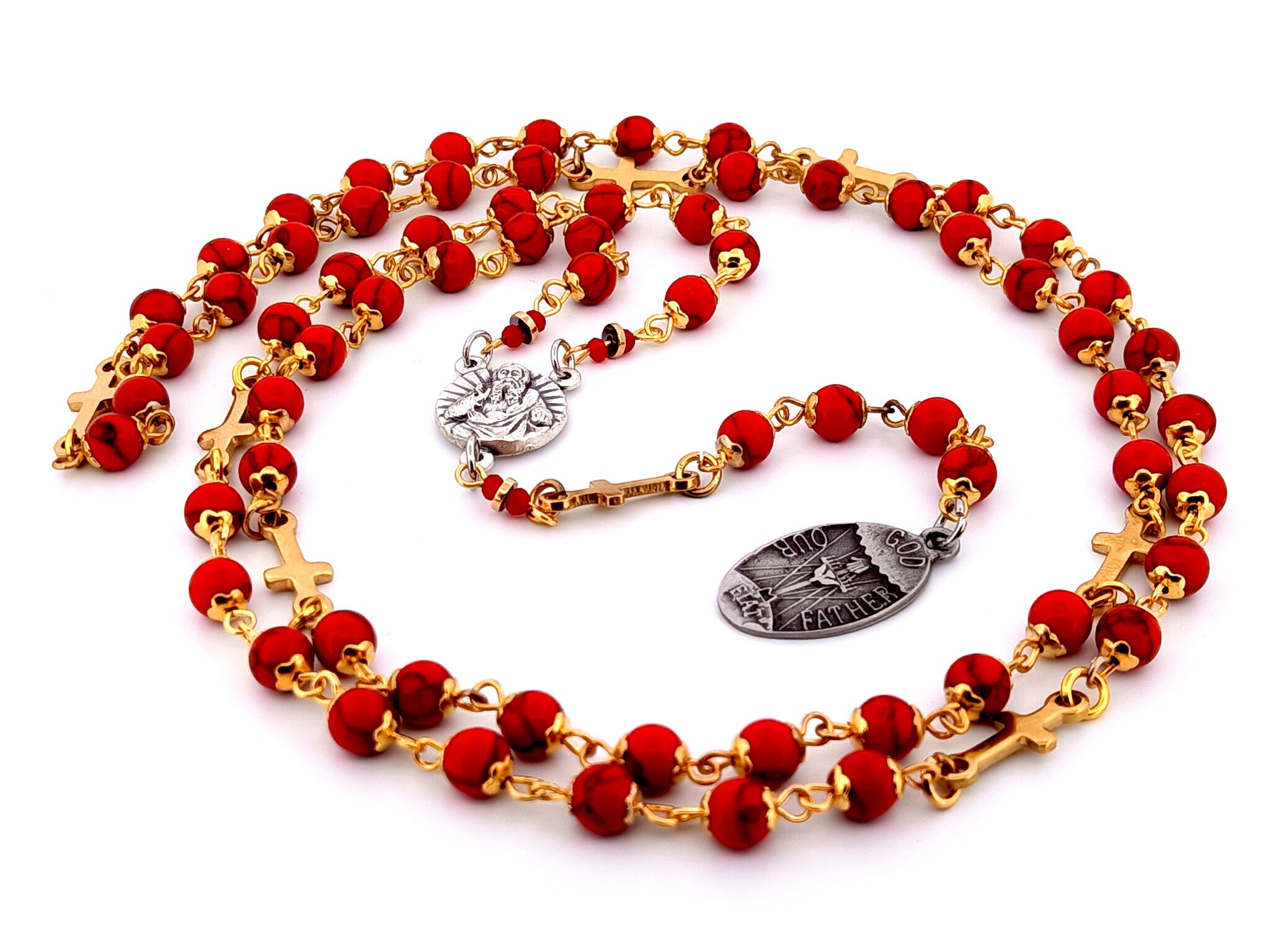 God the Father unique rosary beads gemstone prayer chaplet with Holy Octave of Consecration medal and gold crosses.