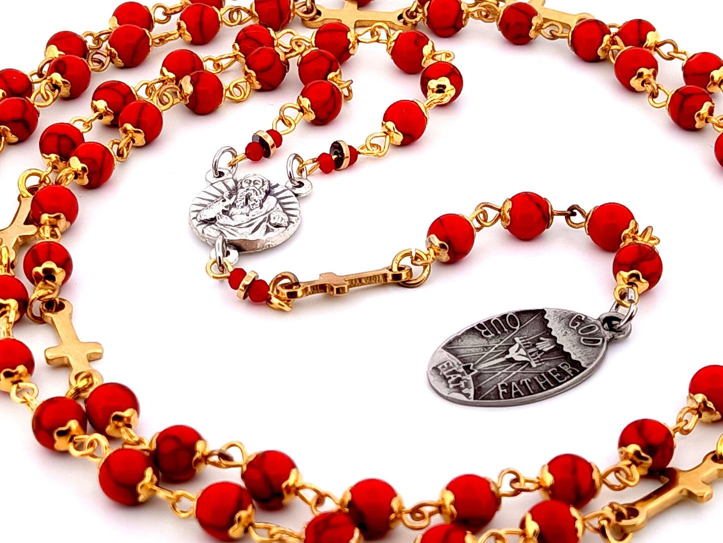 God the Father unique rosary beads gemstone prayer chaplet with Holy Octave of Consecration medal and gold crosses.
