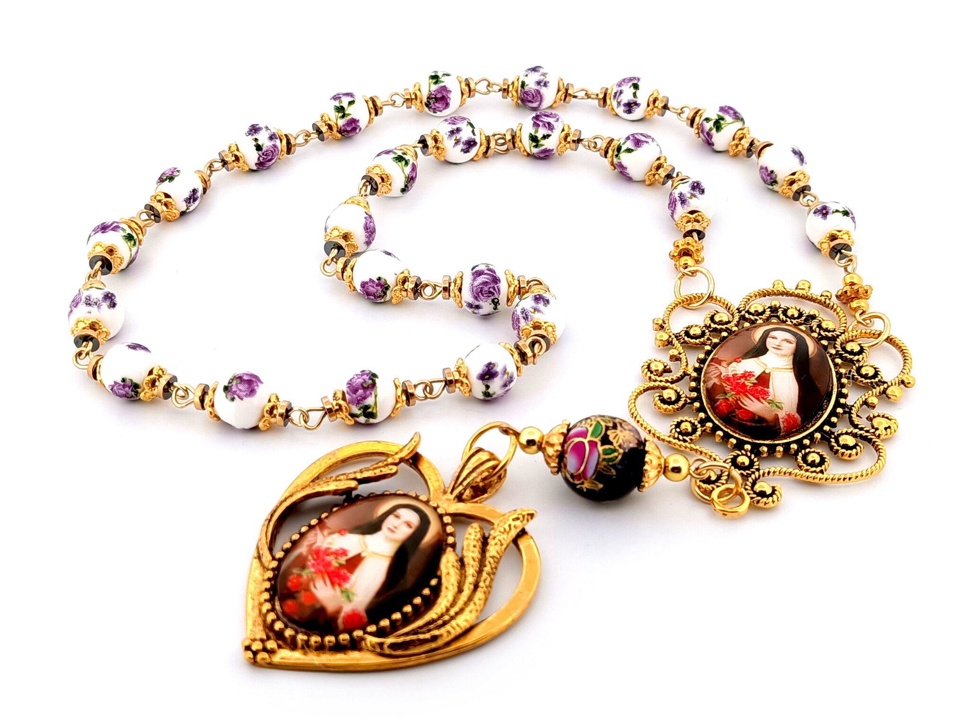 Saint Therese unique rosary beads porcelain and glass prayer chaplet with large gold plates picture medals.