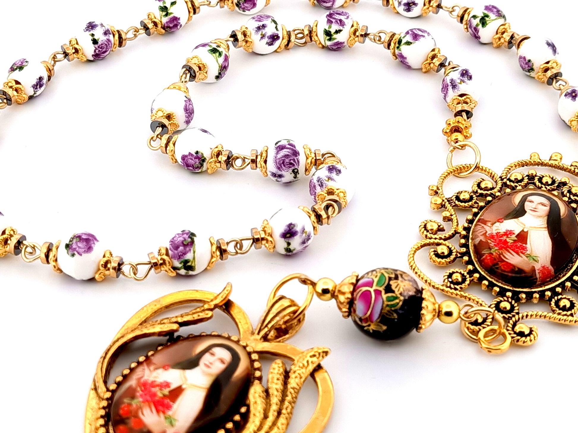 Saint Therese unique rosary beads porcelain and glass prayer chaplet with large gold plates picture medals.