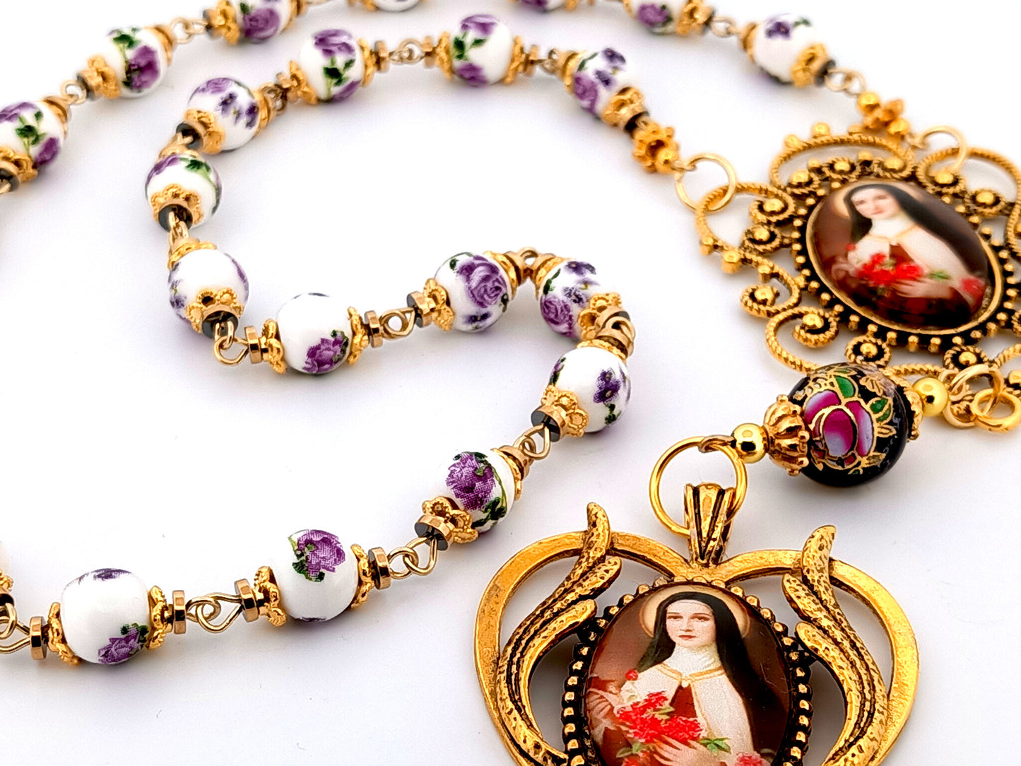 Saint Therese unique rosary beads porcelain and glass prayer chaplet with large gold plates picture medals.