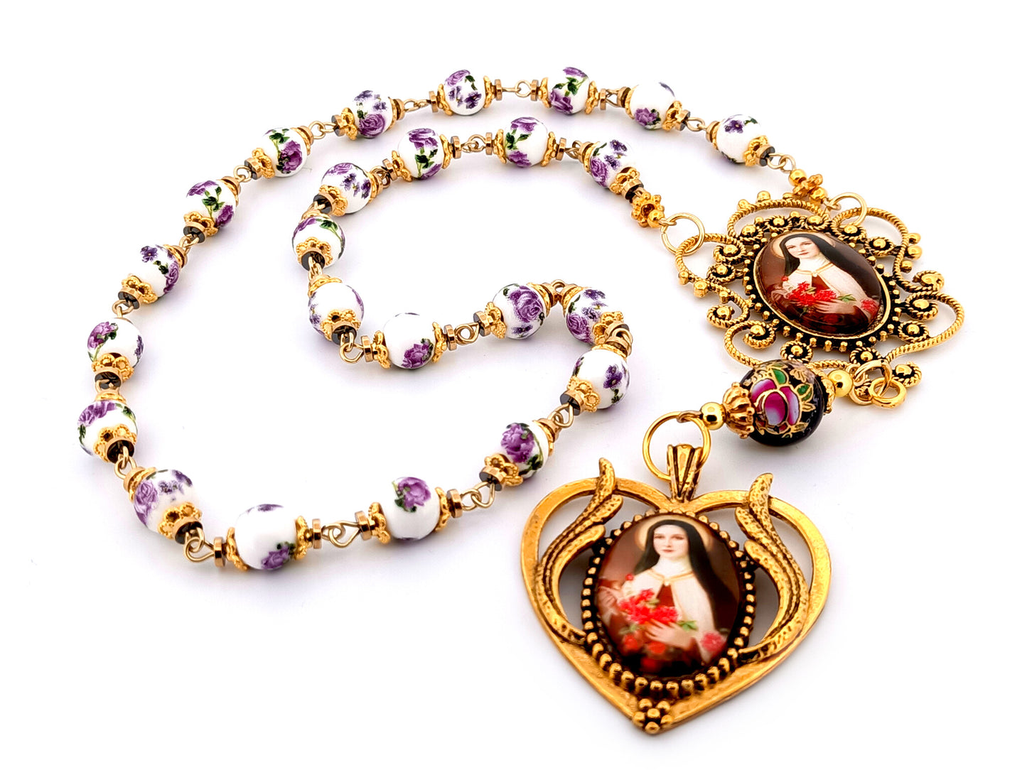 Saint Therese unique rosary beads porcelain and glass prayer chaplet with large gold plates picture medals.