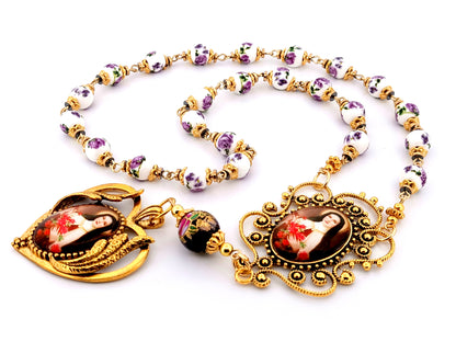 Saint Therese unique rosary beads porcelain and glass prayer chaplet with large gold plates picture medals.