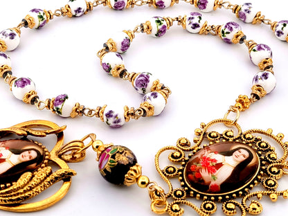 Saint Therese unique rosary beads porcelain and glass prayer chaplet with large gold plates picture medals.