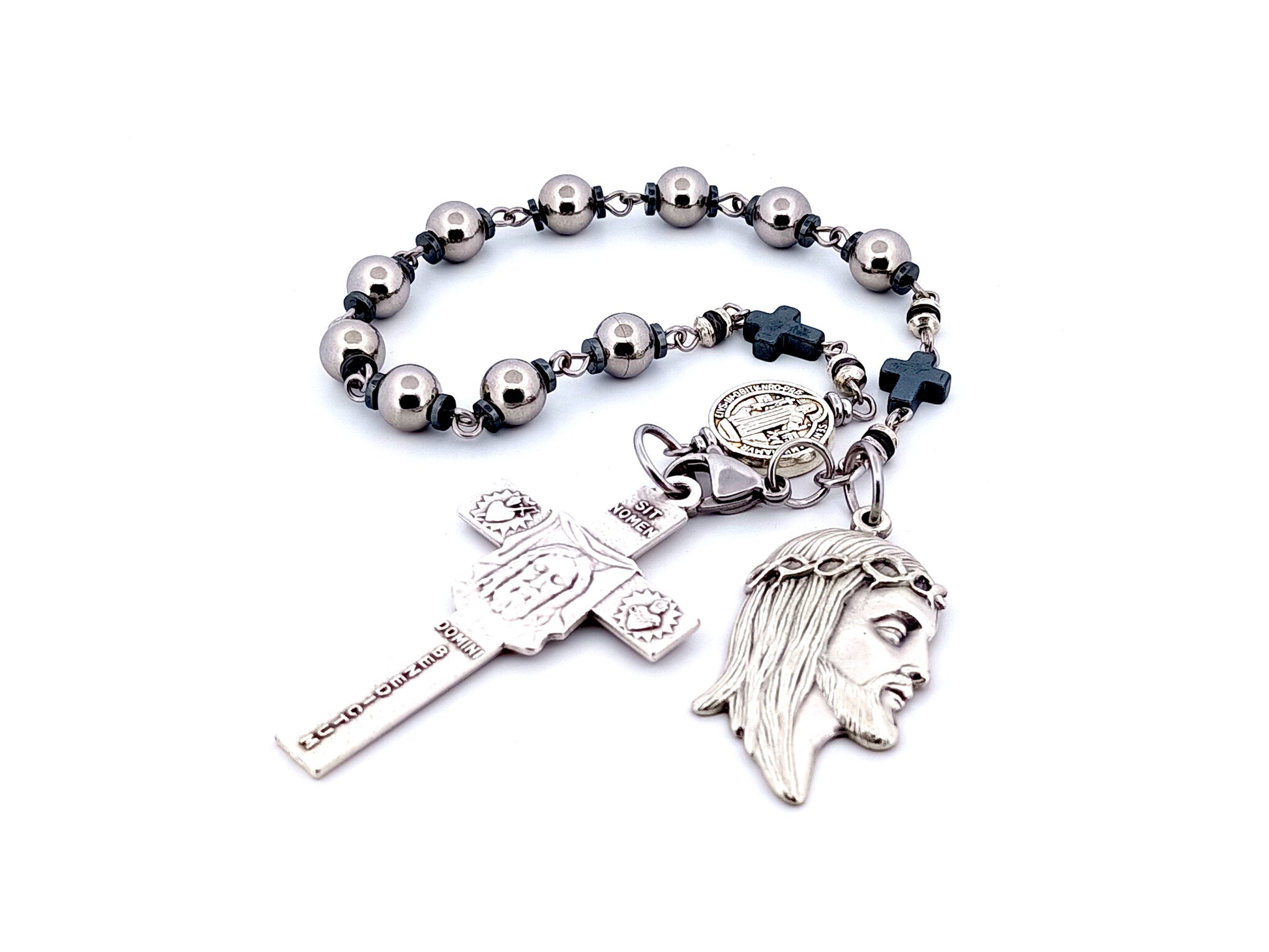 Holy Face of Jesus unique rosary beads stainless steel and hematite single decade rosary with Holy face crucifix and medal.